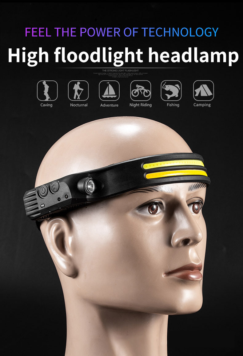 Headlights Outdoor Fishing Night Running Sensing Waterproof COB Headlamp USB Recharegable Type-C Charging Head Light